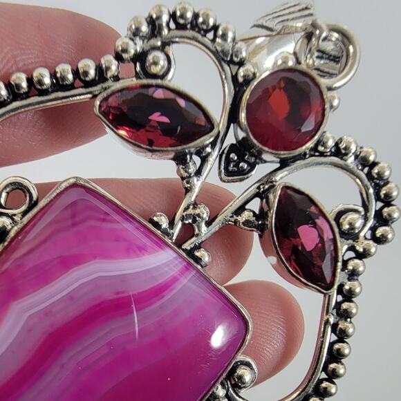 Handmade Silver Pendant Necklace with Pink Banded Agate & Garnet Accents - Picture 8 of 10